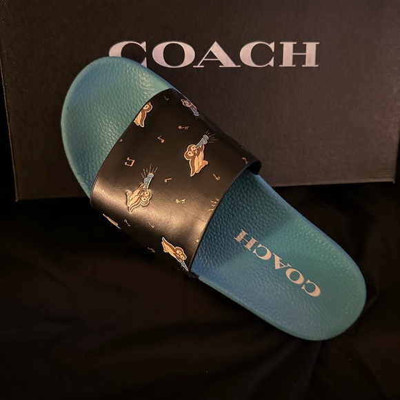 Coach Women's Udele Sport Slide Bird Printed Black Blue - Picture 3 of 4